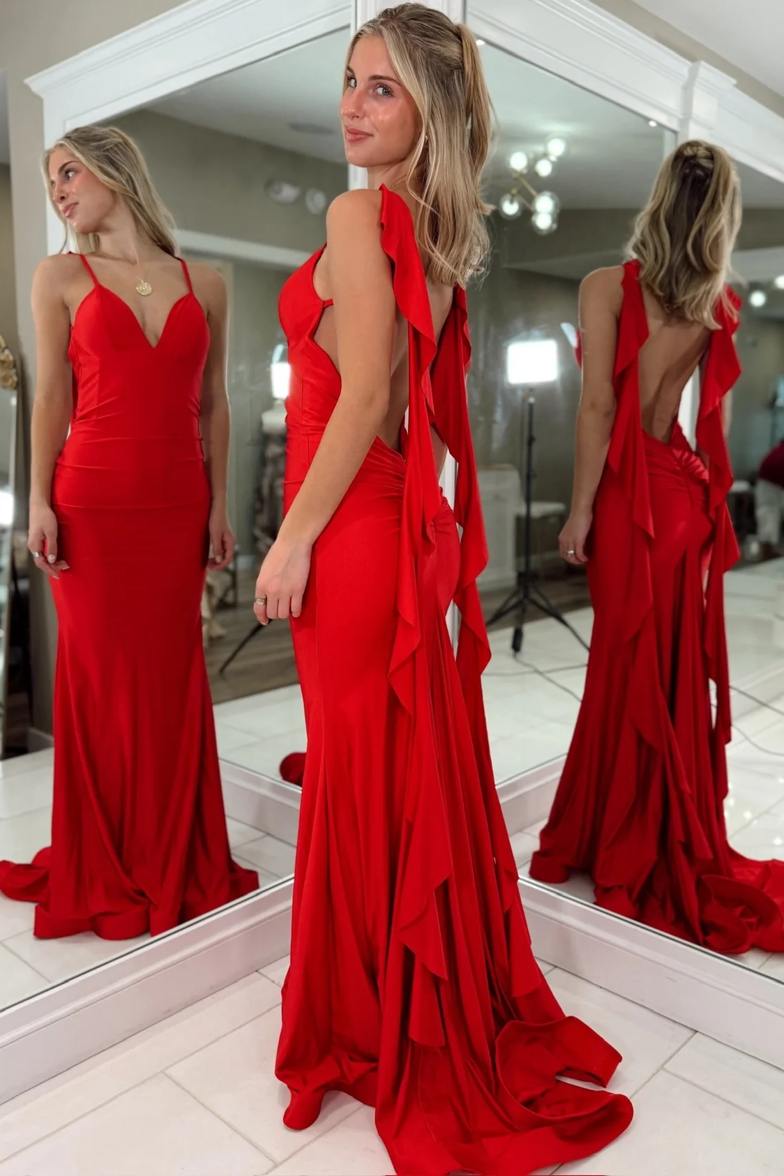 Classy V-Neck Spaghetti Straps Pleats Ruffles Satin Prom Dress with Slit