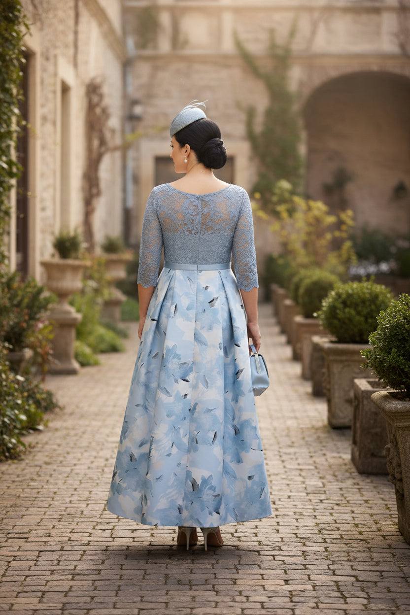 A-Line/Princess Scoop Satin Plus Size Mother of the Bride Dresses Lace Ankle-Length Half Sleeves Printed Flower