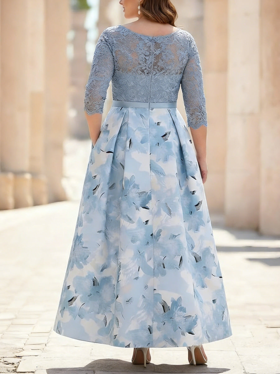 A-Line/Princess Scoop Satin Plus Size Mother of the Bride Dresses Lace Ankle-Length Half Sleeves Printed Flower