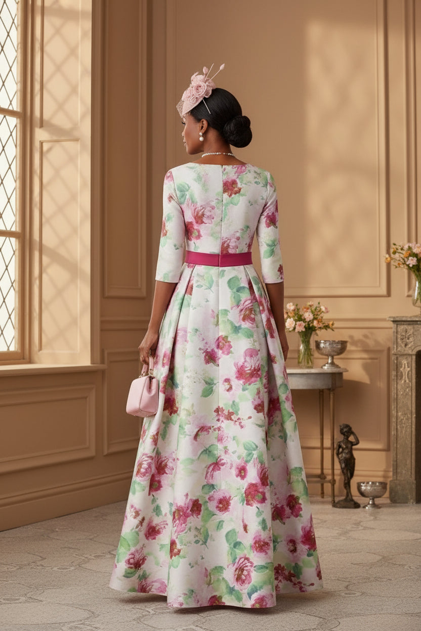 A-Line/Princess Scoop Printed Satin Mother of the Bride Dresses 3/4 Sleeves Floral Bowknot Floor-Length