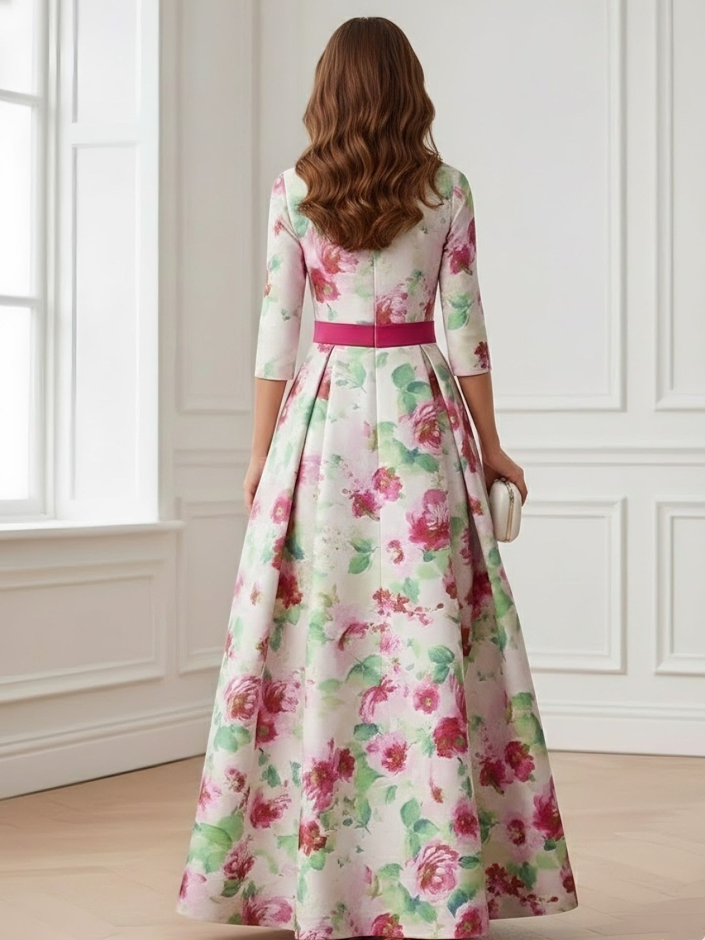 A-Line/Princess Scoop Printed Satin Mother of the Bride Dresses 3/4 Sleeves Floral Bowknot Floor-Length