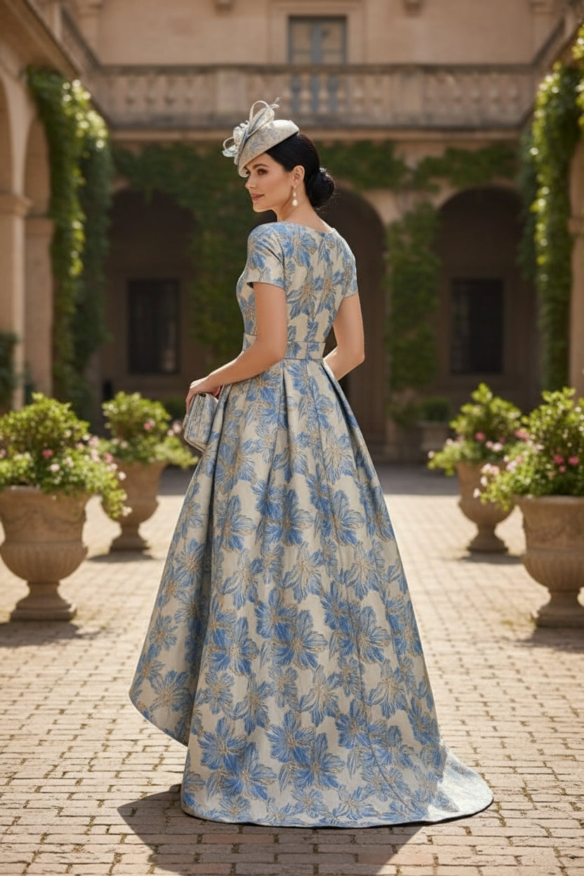 A-Line/Princess Scoop Printed Satin Mother of the Bride Dresses Short Sleeves Floral Asymmetrical Ankle-Length 3D Flower Pocket