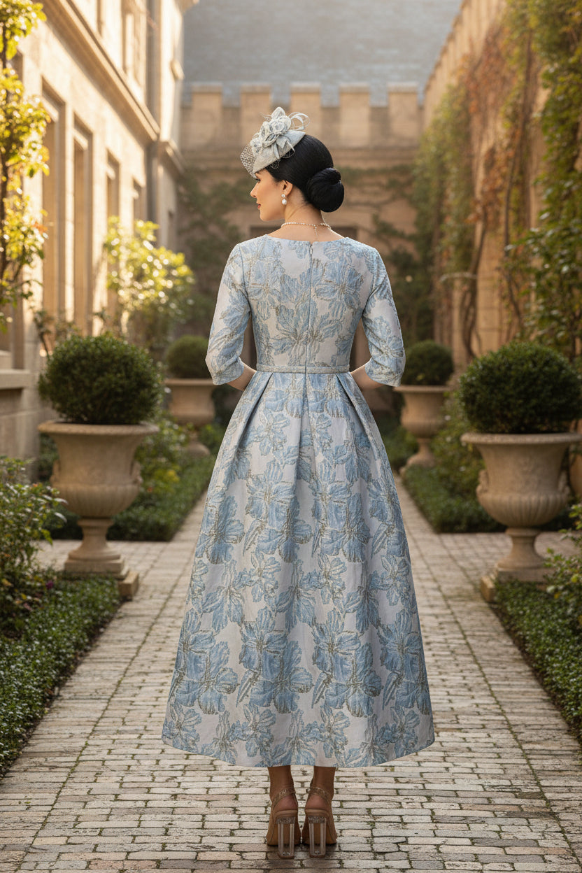 A-Line/Princess Scoop Printed Satin Mother of the Bride Dresses Half Sleeves Floral Tea-Length Sash
