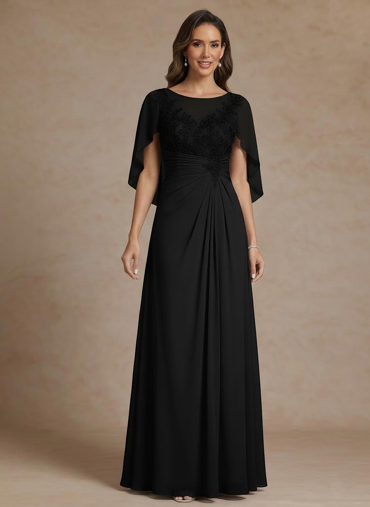 A-Line/Princess Scoop Chiffon Mother of the Bride Dresses Lace Floor-Length Cape Sleeves Ruched