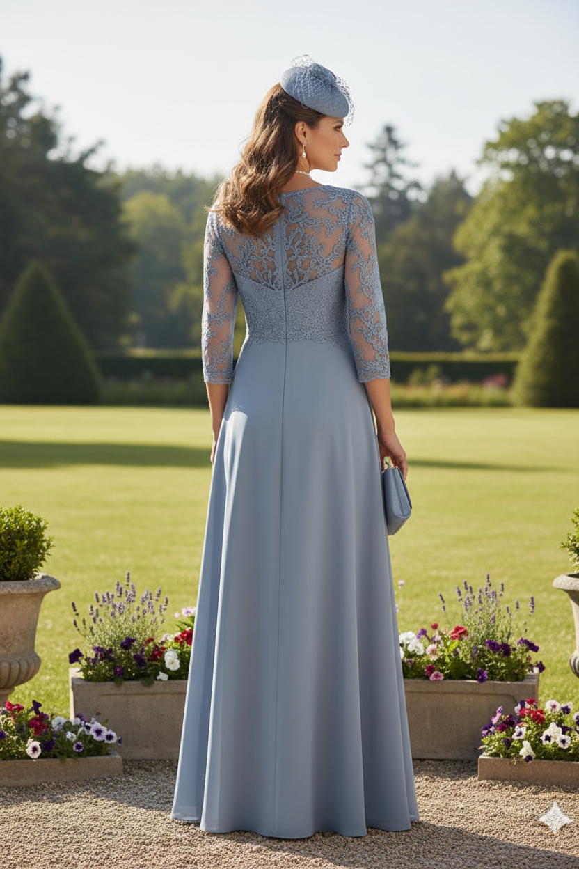 A-Line/Princess V-Neck Chiffon Mother of the Bride Dresses Floor-Length Half Sleeves Lace Appliques