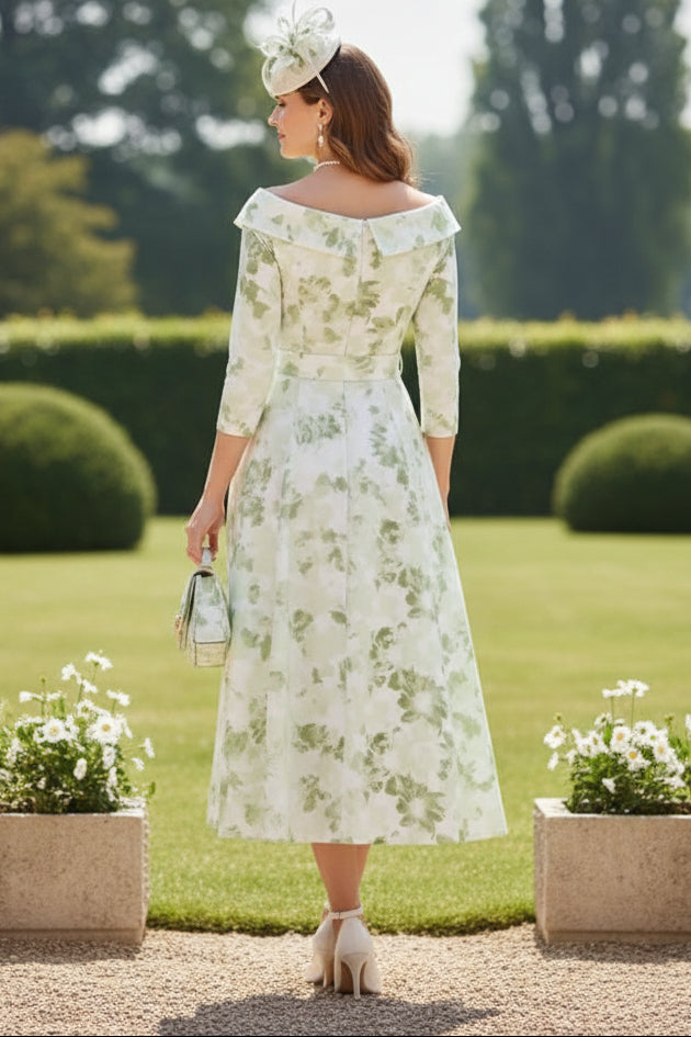 A-Line/Princess Off-the-Shoulder Printed Satin Mother of the Bride Dresses 3/4 Sleeves Floral Tea-Length