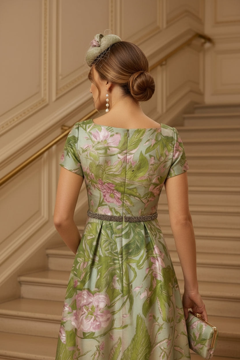 A-Line/Princess Square Collar Satin Mother of the Bride Dresses Floral Ankle-Length Short Sleeves