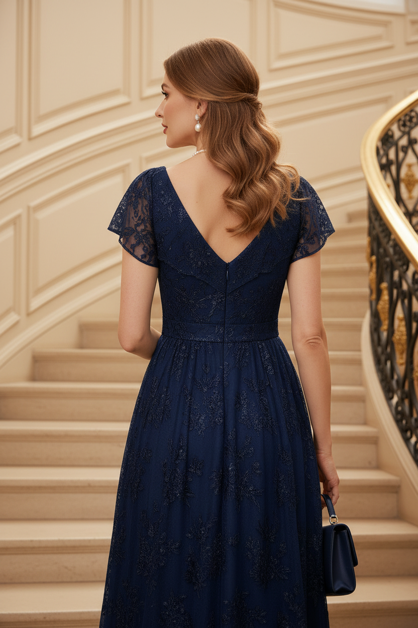 A-Line/Princess V-Neck Sequins Lace Mother of the Bride Dresses Short Sleeves Floral Floor-Length