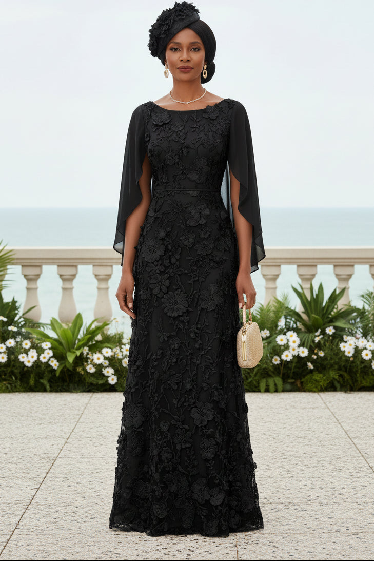 A-Line/Princess Scoop Chiffon Mother of the Bride Dresses Lace Floral Floor-Length Cape Sleeves