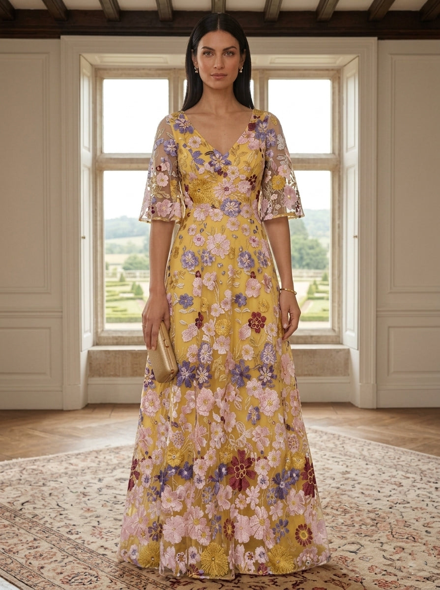 A-Line/Princess V-Neck Mother of the Bride Dresses Lace Floral Half Sleeves Floor-Length