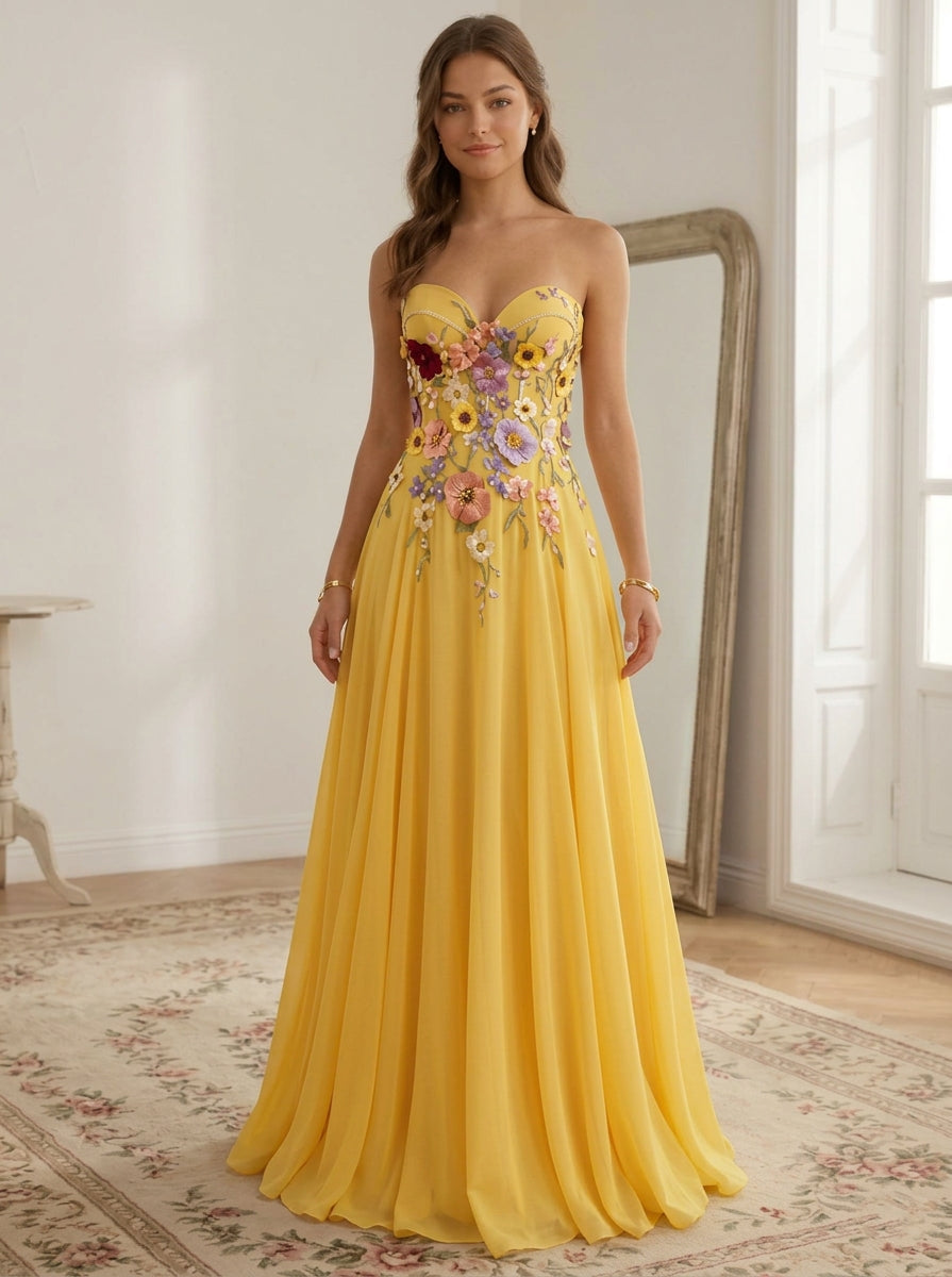 A-Line/Princess Strapless Chiffon Prom Dresses Lace Floral Floor-Length Sleeveless