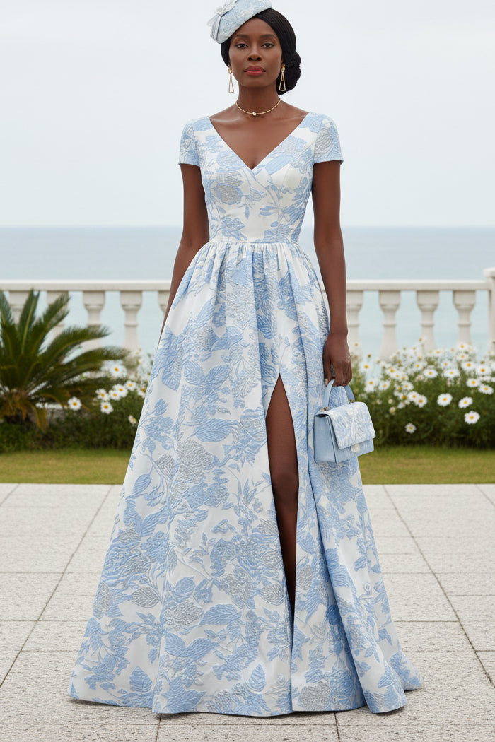 A-Line/Princess V-Neck Jacquard Prom Dresses with Split Side Floral Short Sleeves Floor-Length Formal Dresses