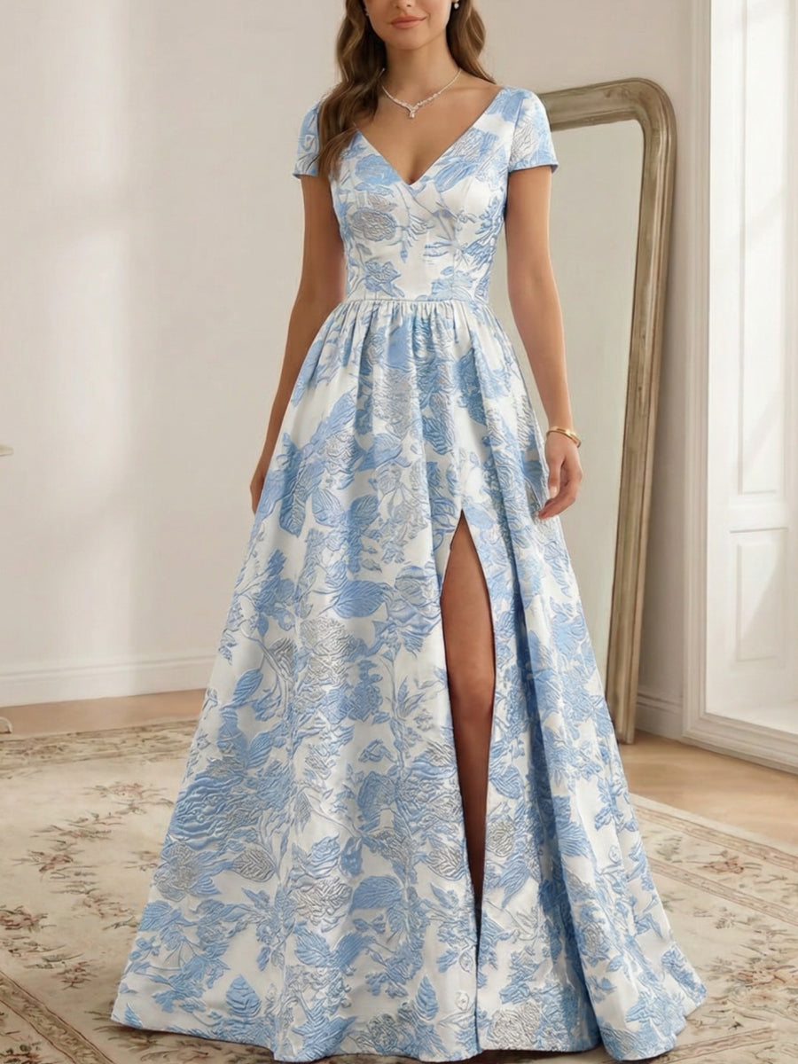 A-Line/Princess V-Neck Jacquard Prom Dresses with Split Side Floral Short Sleeves Floor-Length Formal Dresses