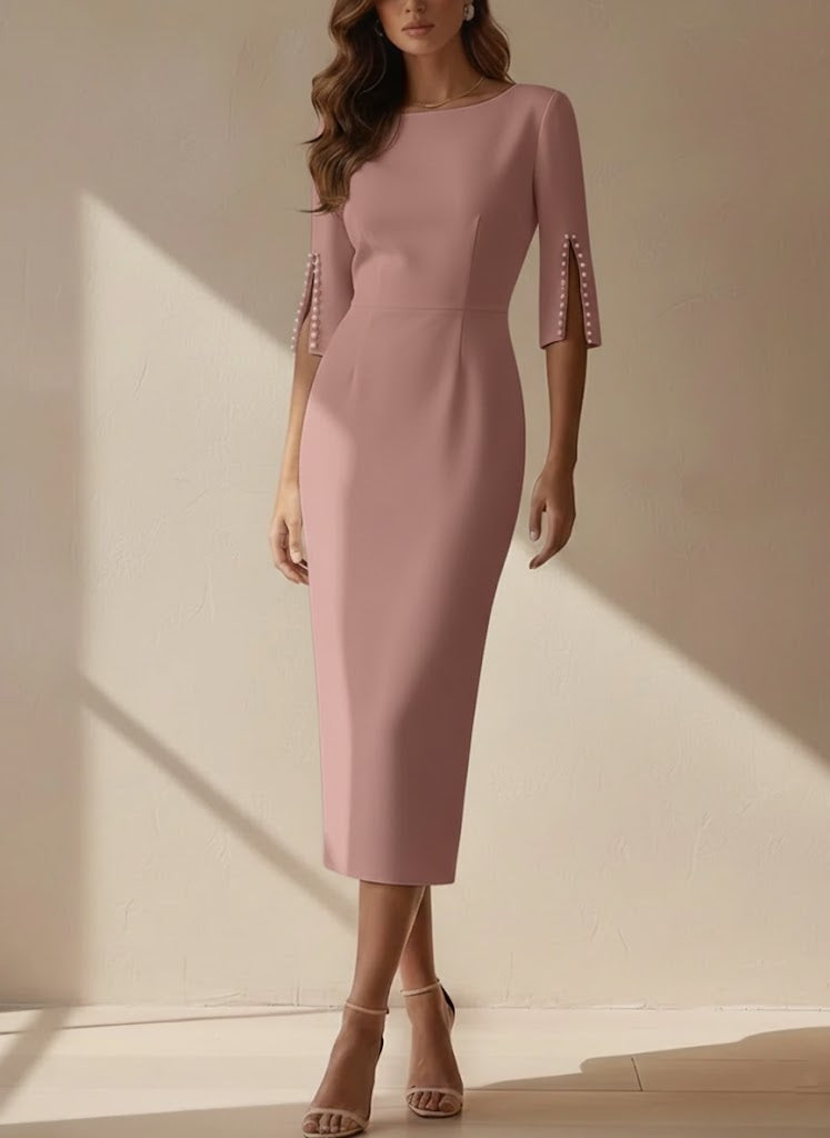 Sheath/Column Scoop Stretch Satin Cocktail Dresses Tea-Length Half Sleeves Formal Dress