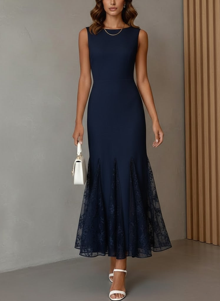 Trumpet/Mermaid Boat Neck Stretch Satin Cocktail Dresses Ankle-Length Lace Sleeveless Formal Dresses