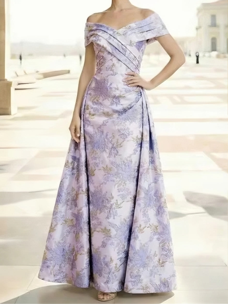 A-Line/Princess Off-the-Shoulder Mother of the Bride Dresses Printed Satin Floor-Length Sleeveless With Overskirt