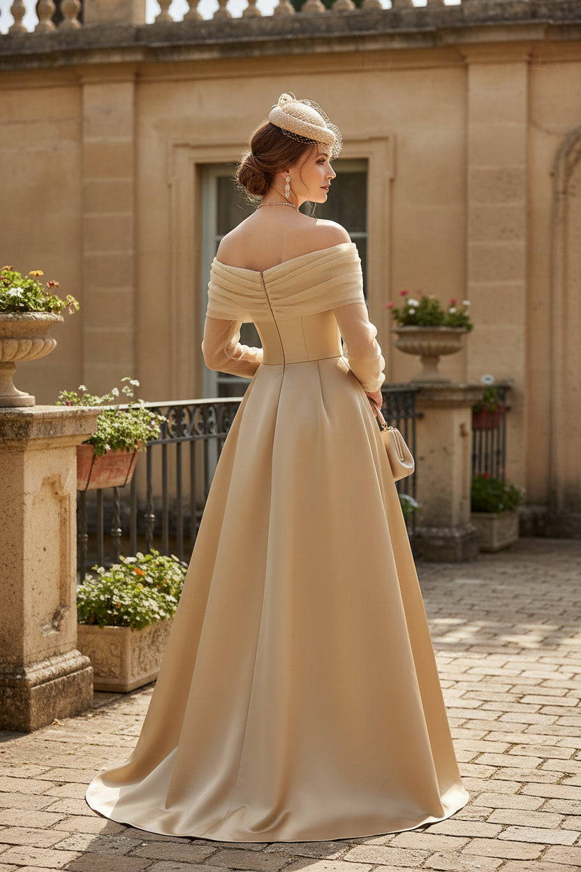 A-Line/Princess Evening Dresses Off-the-Shoulder Long Sleeves Floor-Length Satin Formal Dress