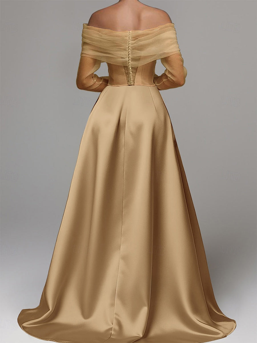 A-Line/Princess Evening Dresses Off-the-Shoulder Long Sleeves Floor-Length Satin Formal Dress