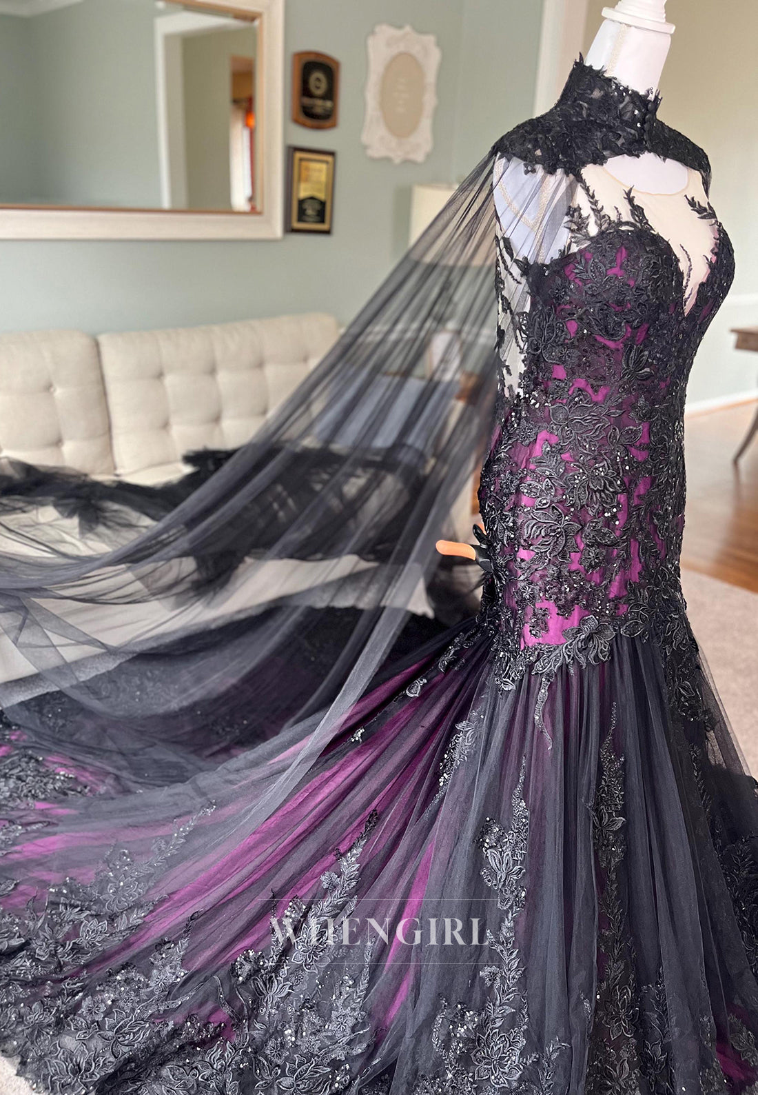 Mermaid Appliqued Lace Court Train Sleeveless Detachable High Neck Wedding Dress