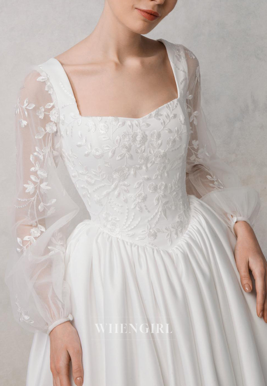 A-Line Square Neck Long Sleeves Embroidery Lace Up Sweep Train Wedding Dress with Pockets