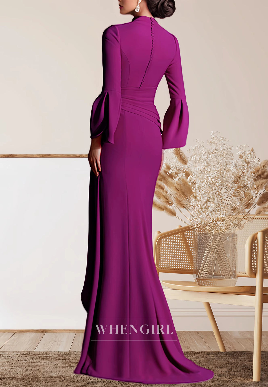 Orchid V Neck Long Sleeves Column Buttons Mother of the Bride Dress