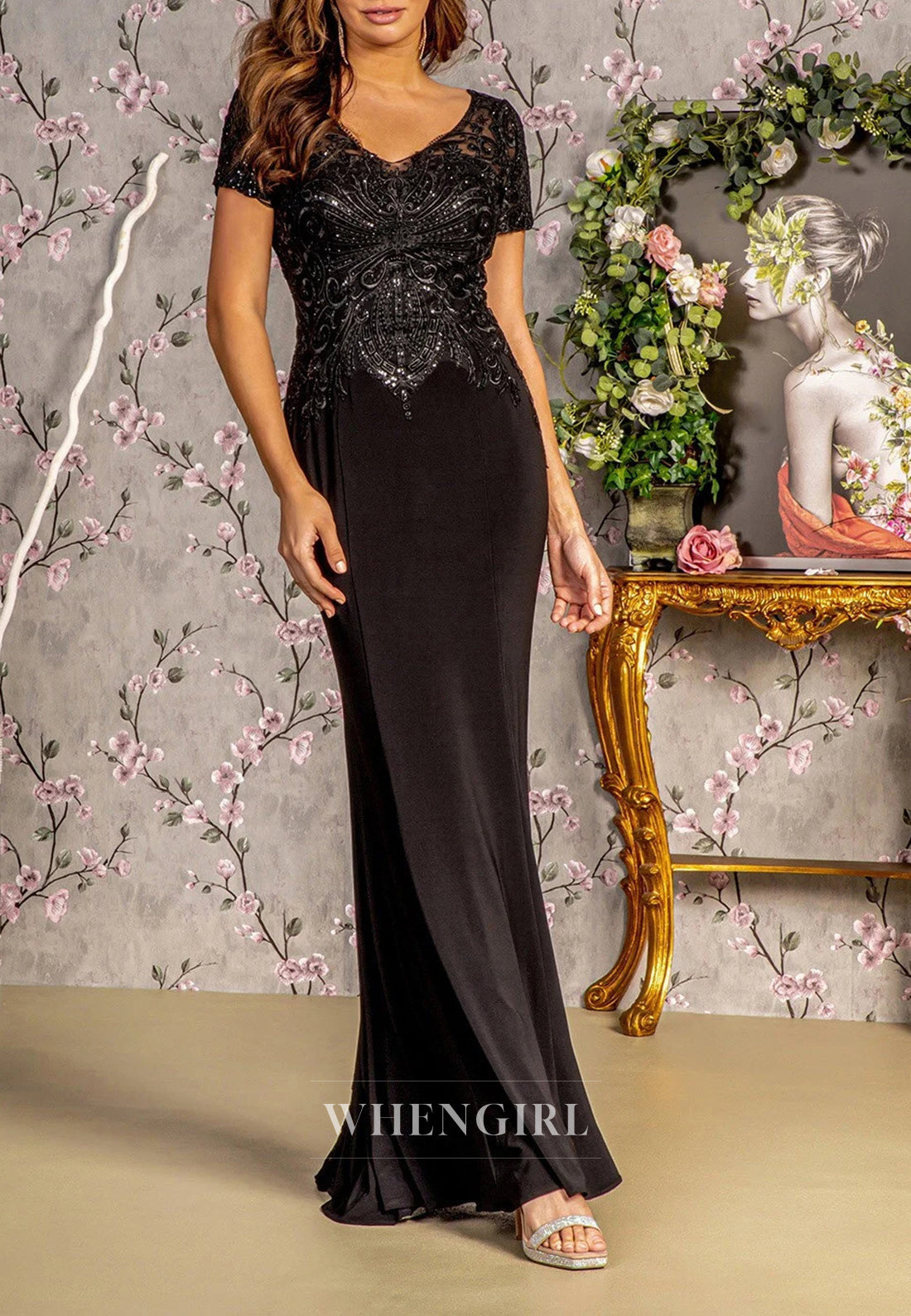 Sheath V Neck Beaded Embroidery Short Sleeves Floor Length Back Zipper Mother of the Bride Dress