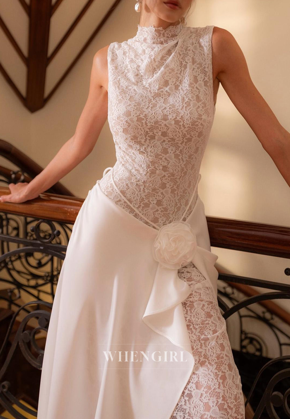 High Neck Lace Sleeveless 3D Flower Floor Length Sheath Wedding Dress