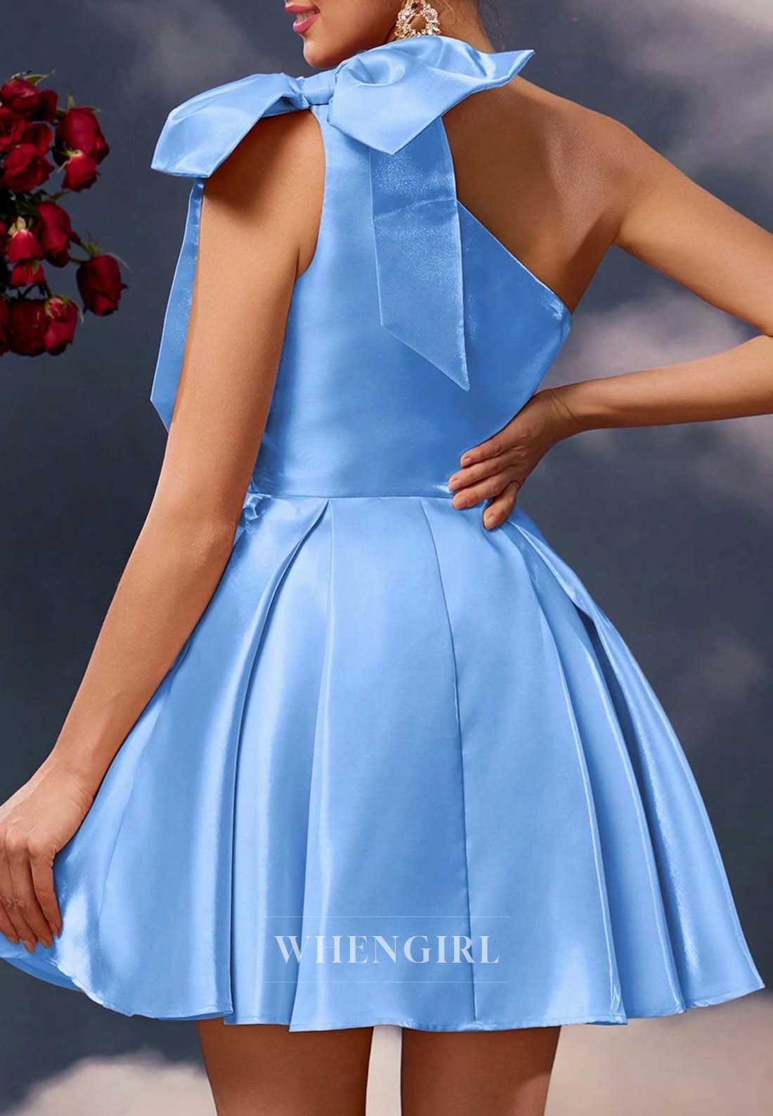 Blue A-Line Pearls Beading One Shoulder Cut Out Sleeveless Short Homecoming Dress