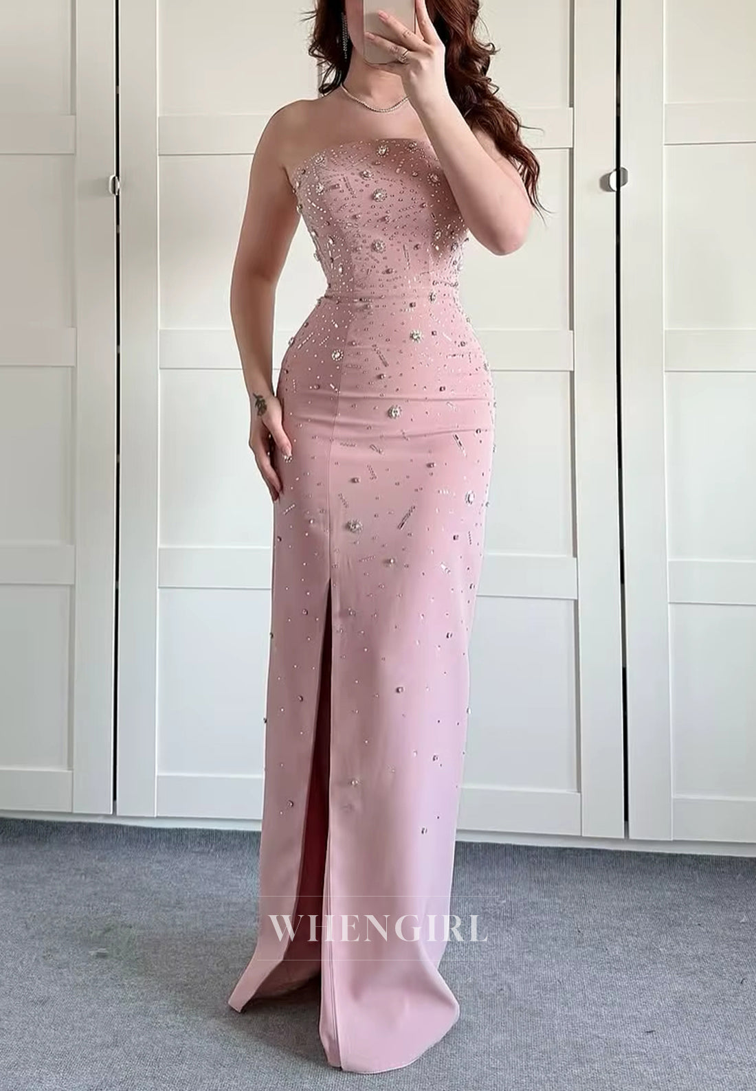 Sheath Tube Top Sleeveless Beaded Side Slit Floor Length Formal Evening Gown