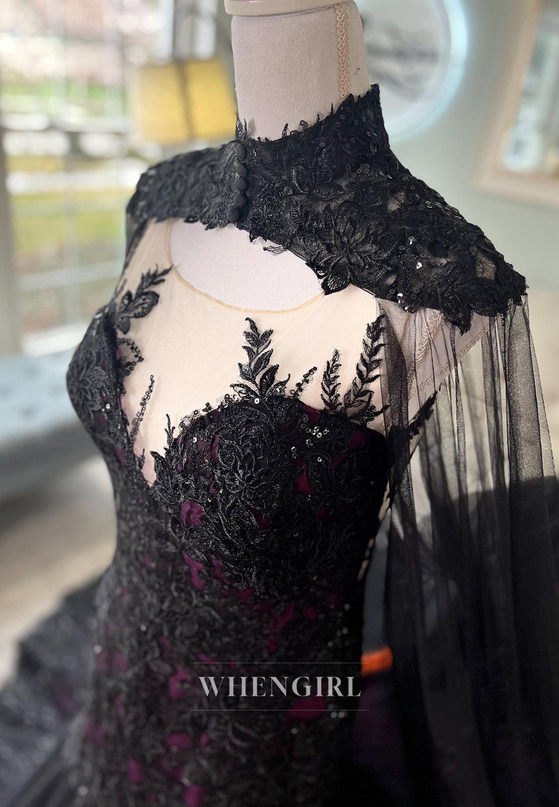 Mermaid Appliqued Lace Court Train Sleeveless Detachable High Neck Wedding Dress