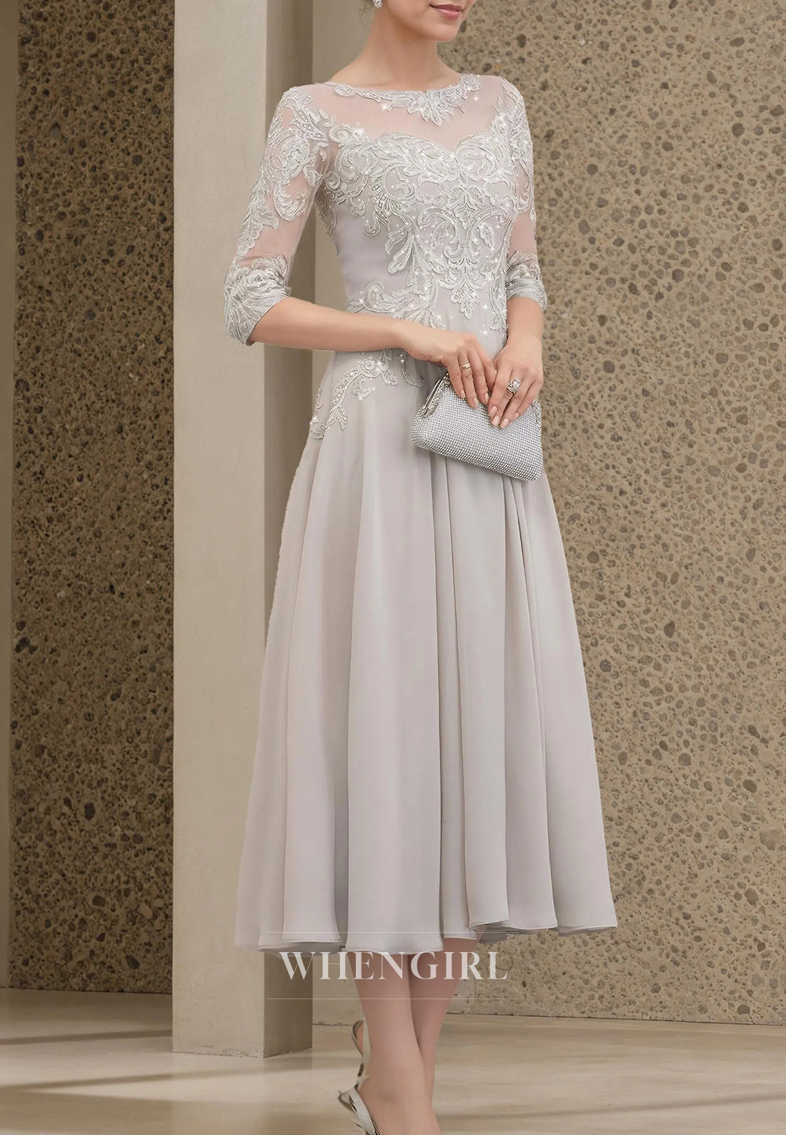A-Line Bateau Neck 3/4 Sleeves Beaded appliqued Tea Length Mother of the Bride Dress