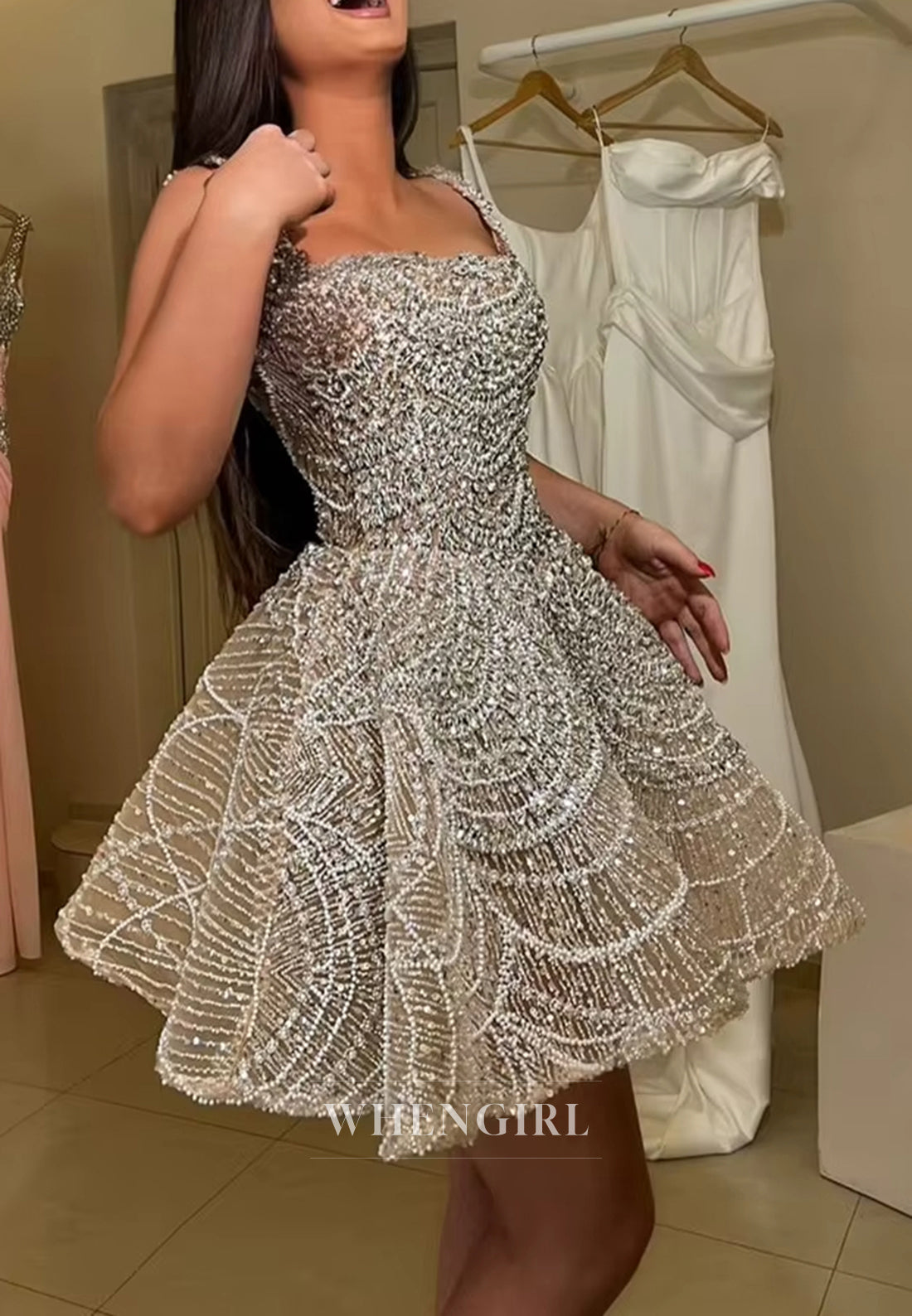 A-Line Full Rhinestone Beading Square Neck Sleeveless Lace Up Short Homecoming Dress