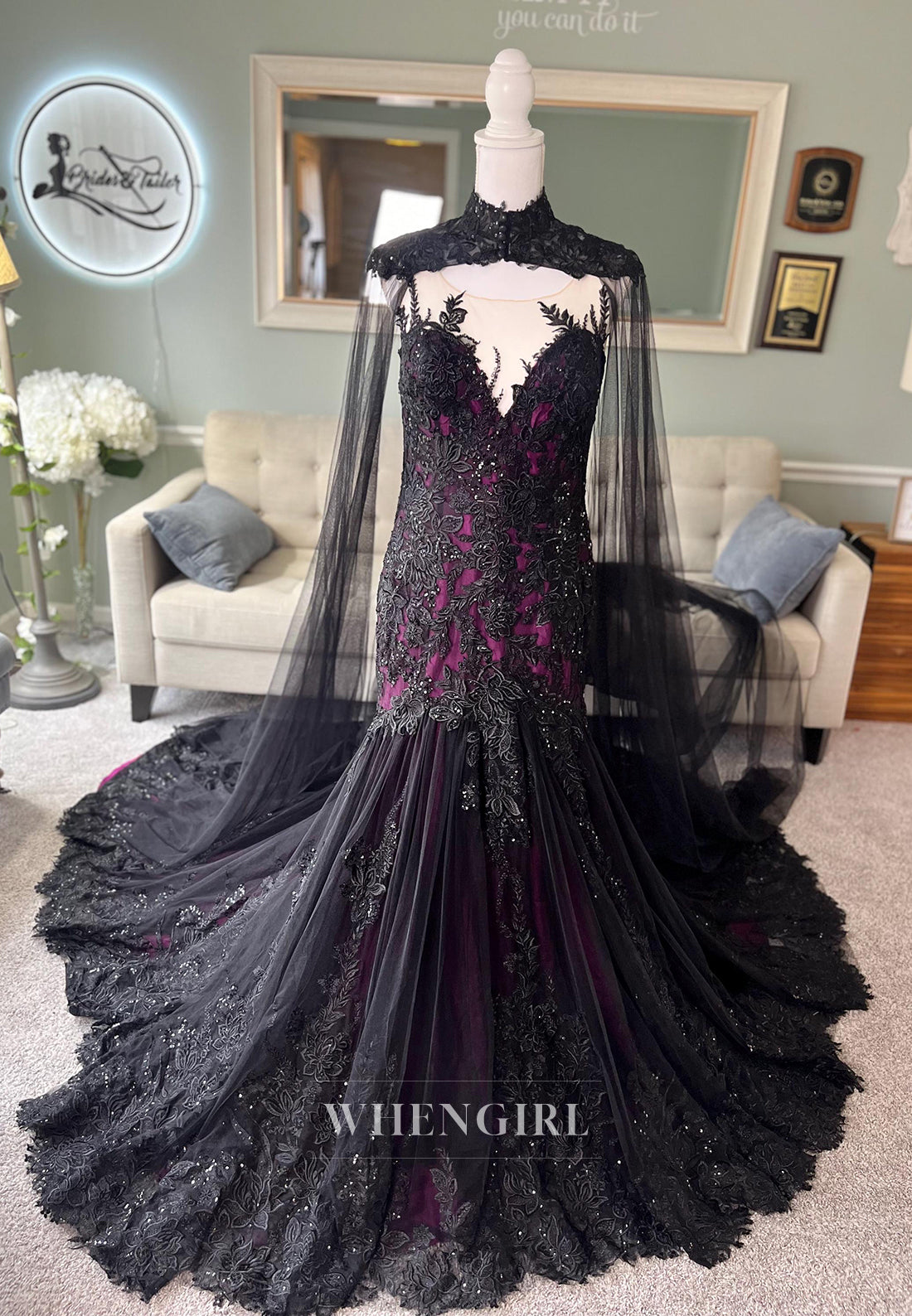 Mermaid Appliqued Lace Court Train Sleeveless Detachable High Neck Wedding Dress