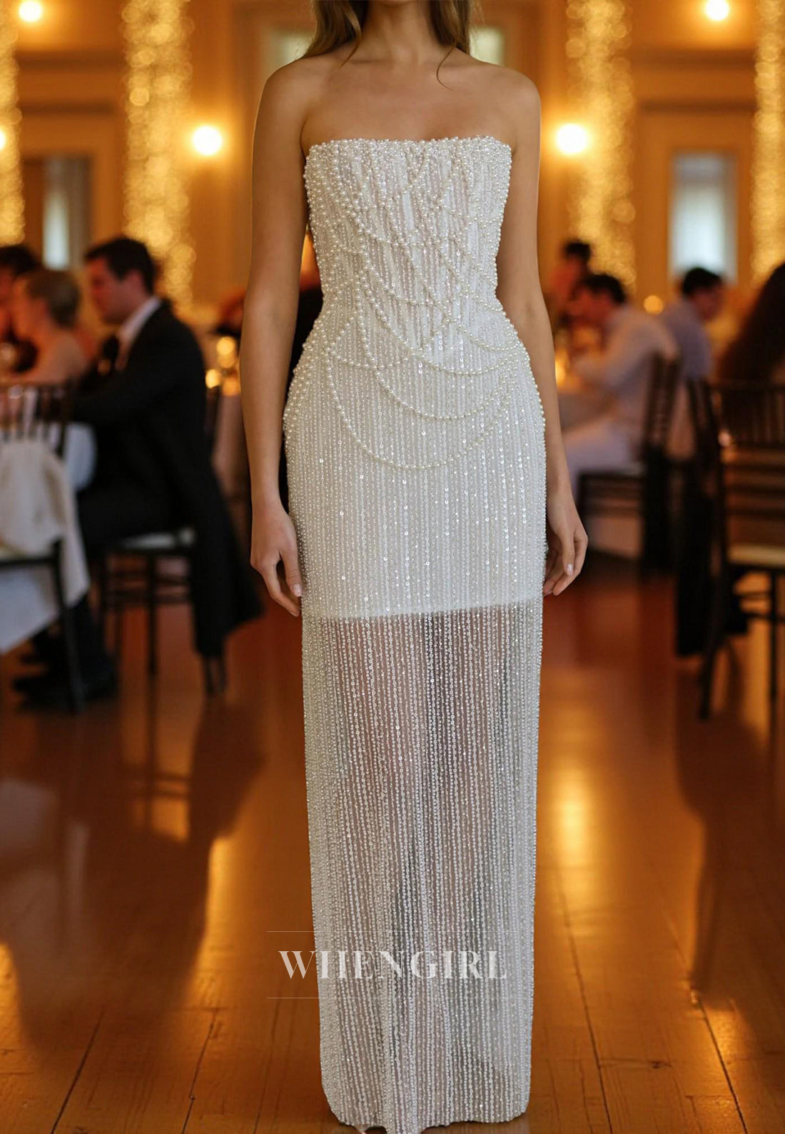 Sheath Tube Top Sleeveless Lace Up Sequins Pearls Floor Length Wedding Dress