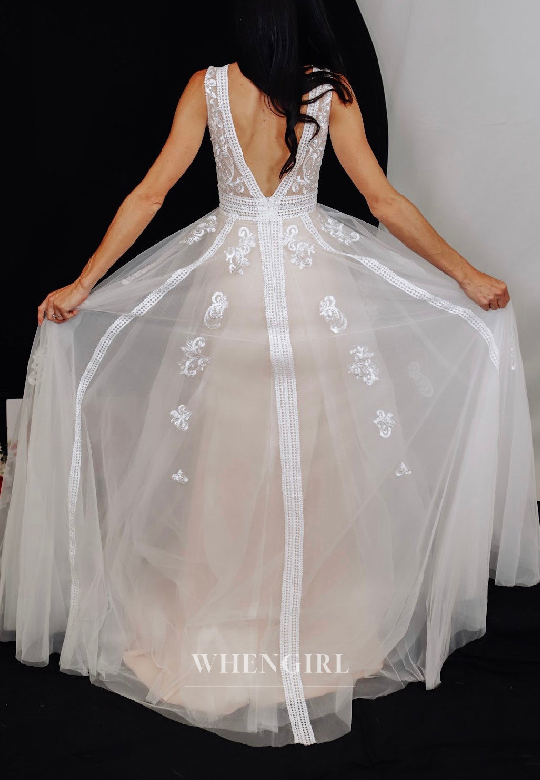 A-Line V Neck Sleeveless Boho Appliqued Sweep Train Beach Wedding Dress