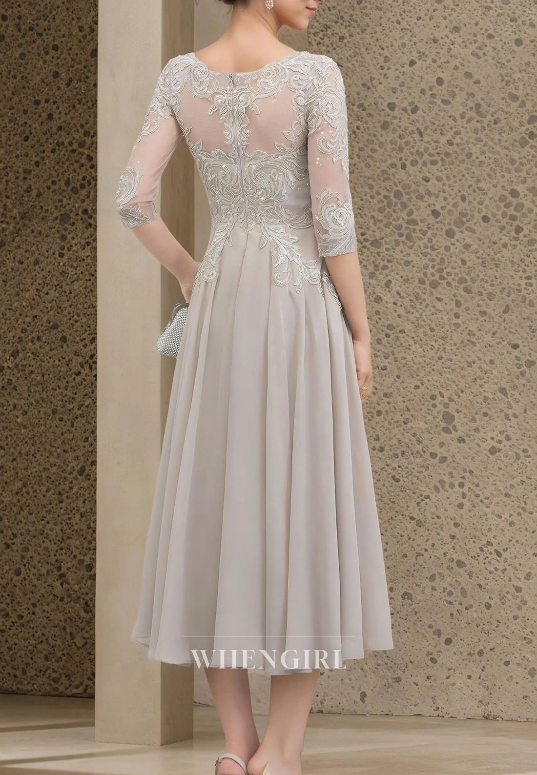A-Line Bateau Neck 3/4 Sleeves Beaded appliqued Tea Length Mother of the Bride Dress