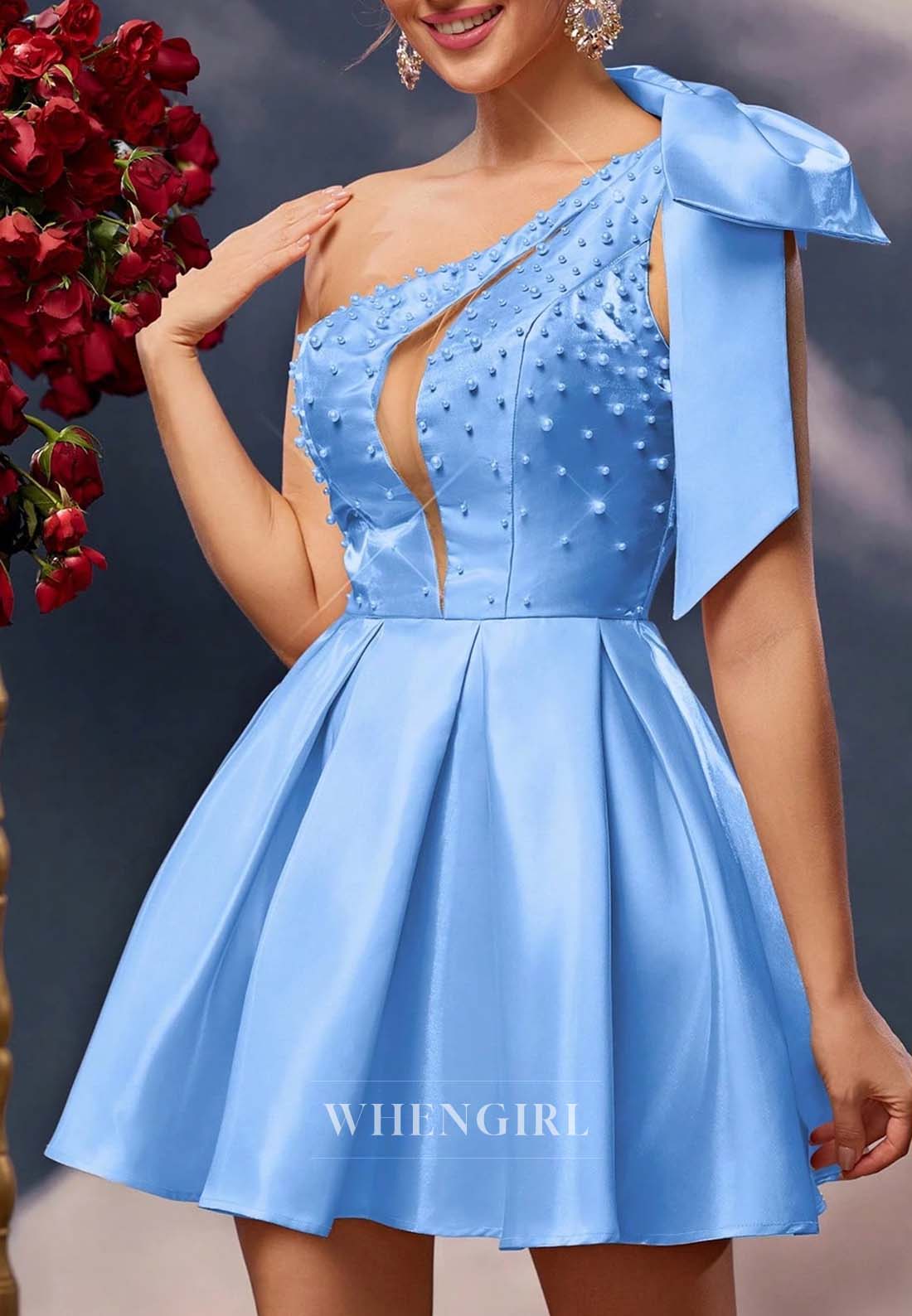 Blue A-Line Pearls Beading One Shoulder Cut Out Sleeveless Short Homecoming Dress