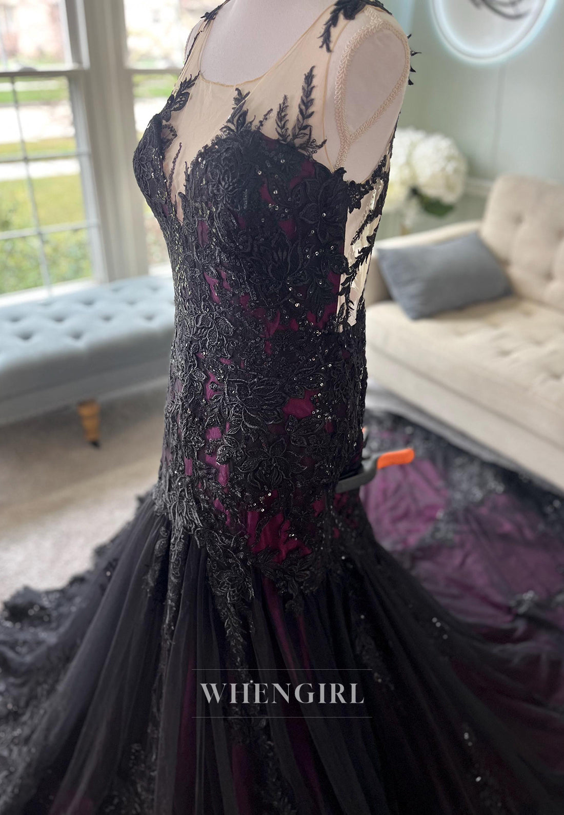 Mermaid Appliqued Lace Court Train Sleeveless Detachable High Neck Wedding Dress