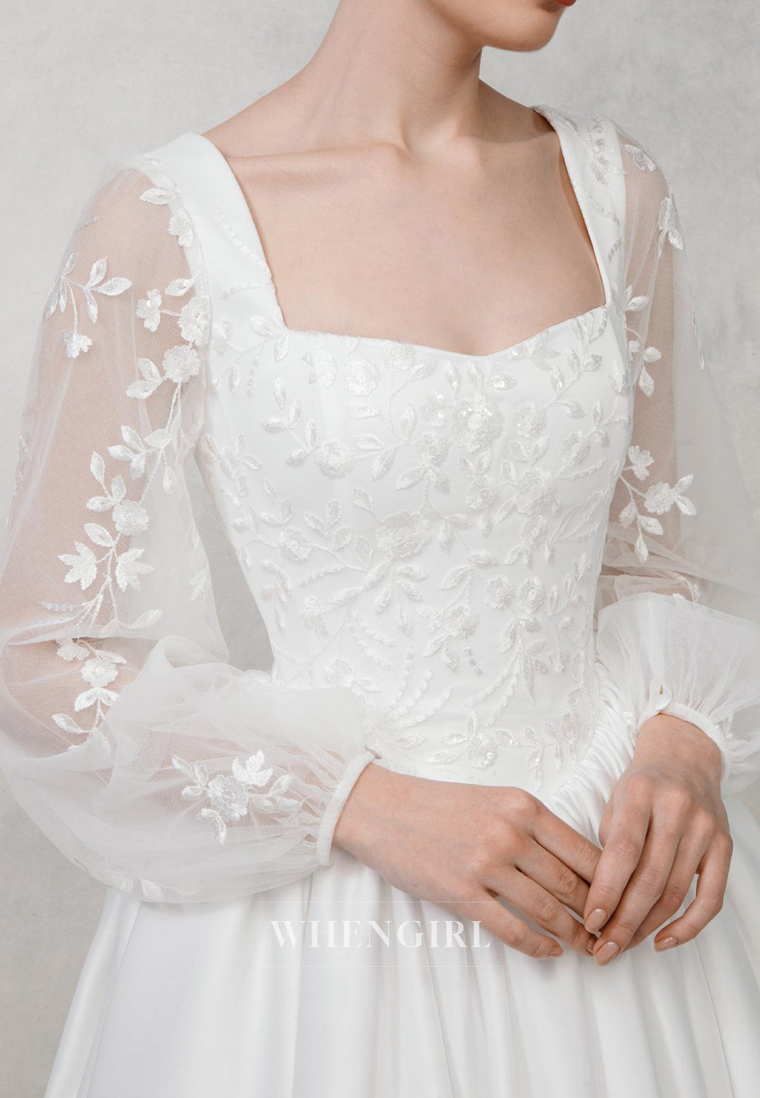 A-Line Square Neck Long Sleeves Embroidery Lace Up Sweep Train Wedding Dress with Pockets