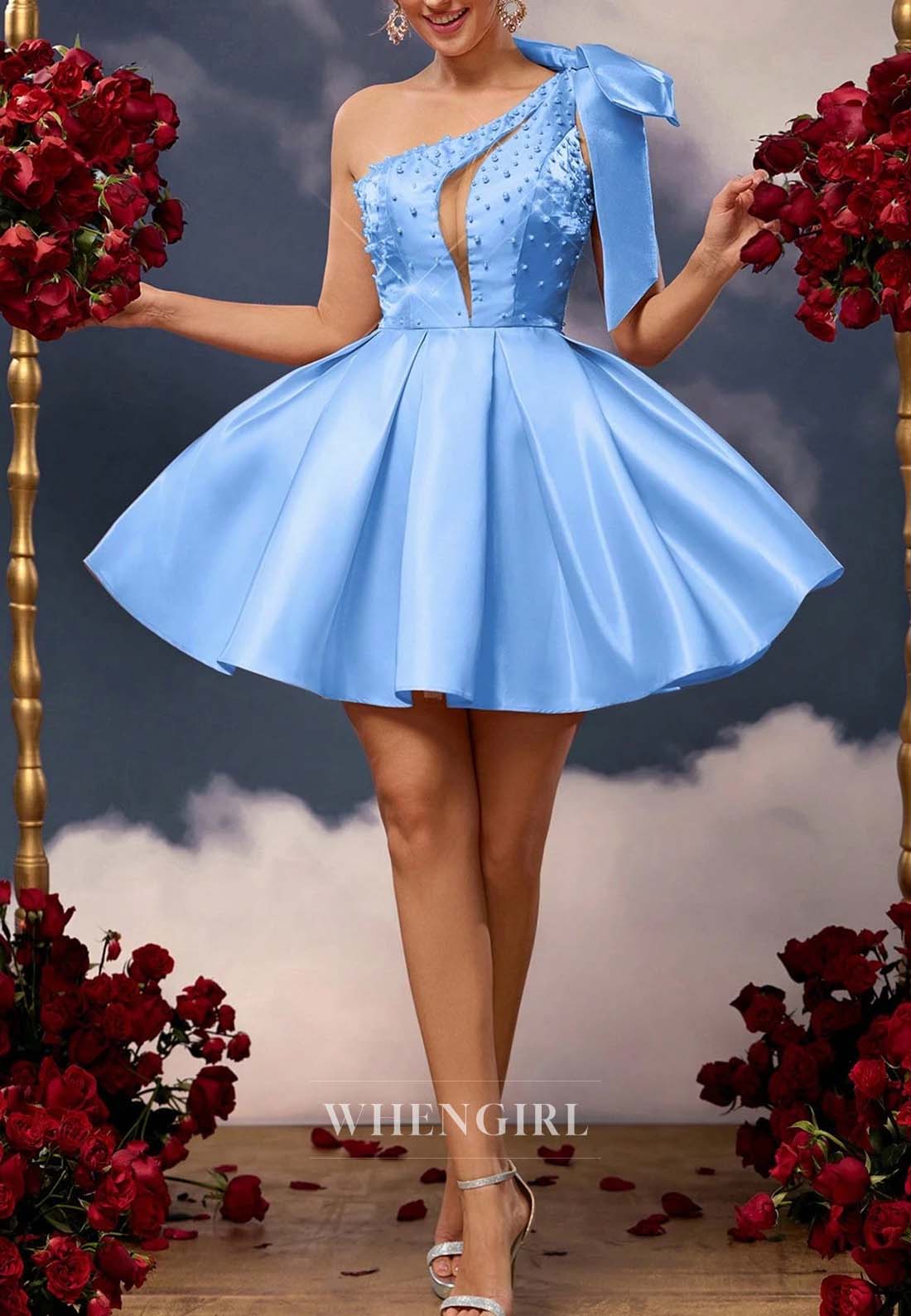 Blue A-Line Pearls Beading One Shoulder Cut Out Sleeveless Short Homecoming Dress