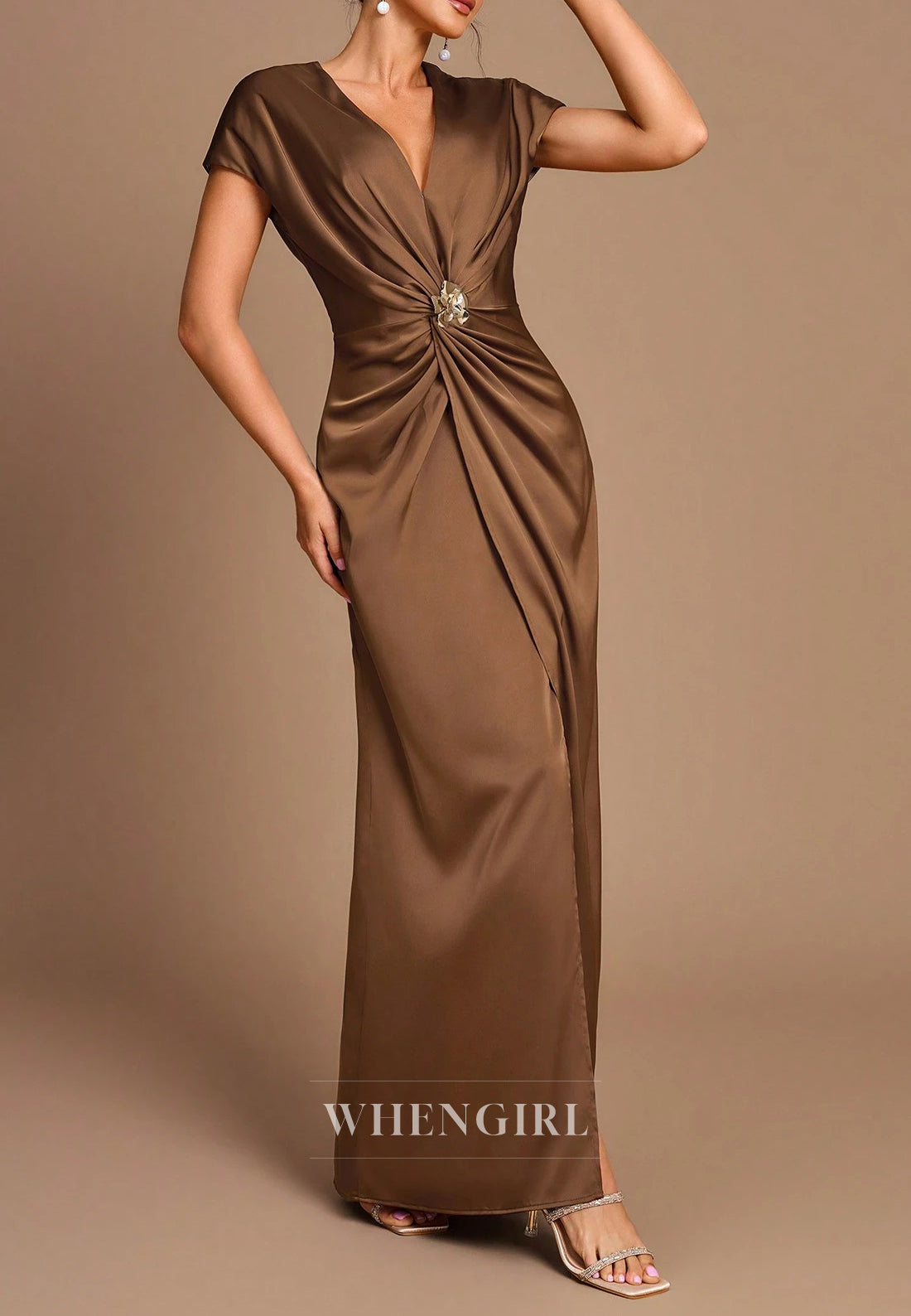 Sheath Short Sleeves Ruched Slit Ankle Length Mother of the Bride Dress