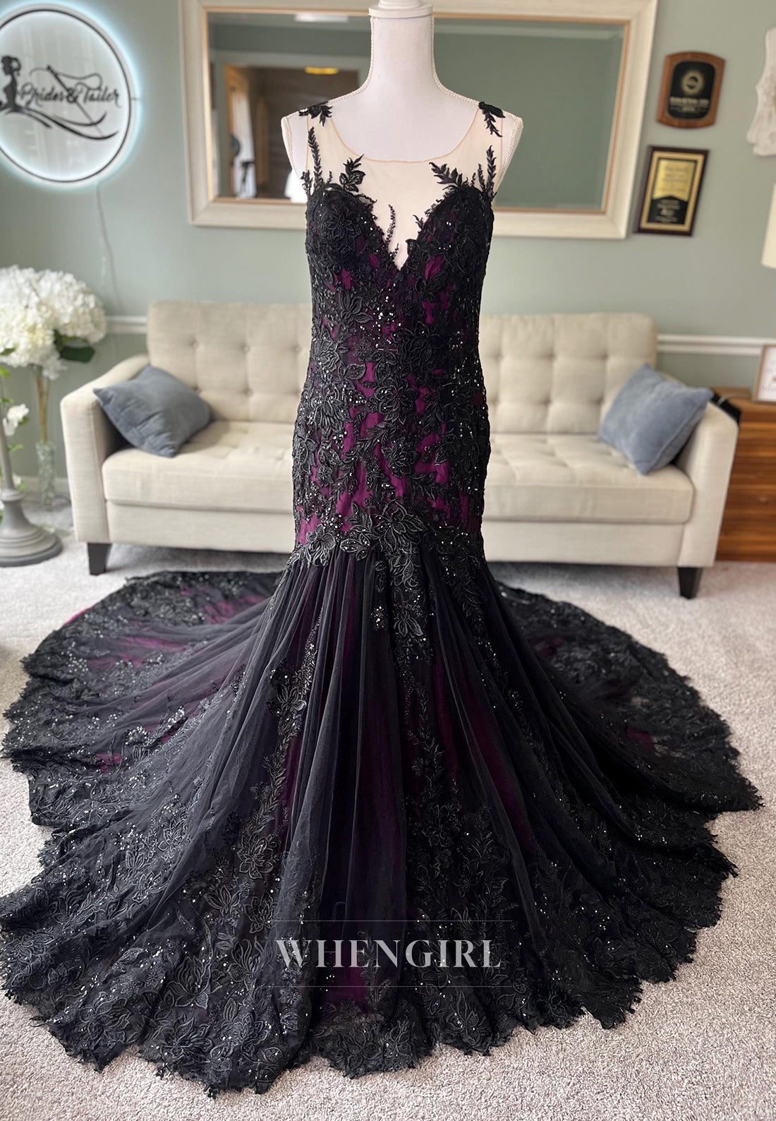 Mermaid Appliqued Lace Court Train Sleeveless Detachable High Neck Wedding Dress