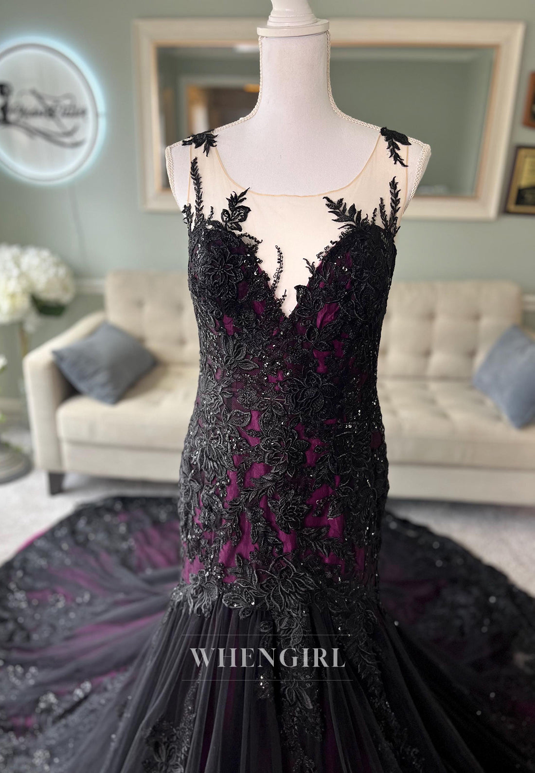 Mermaid Appliqued Lace Court Train Sleeveless Detachable High Neck Wedding Dress