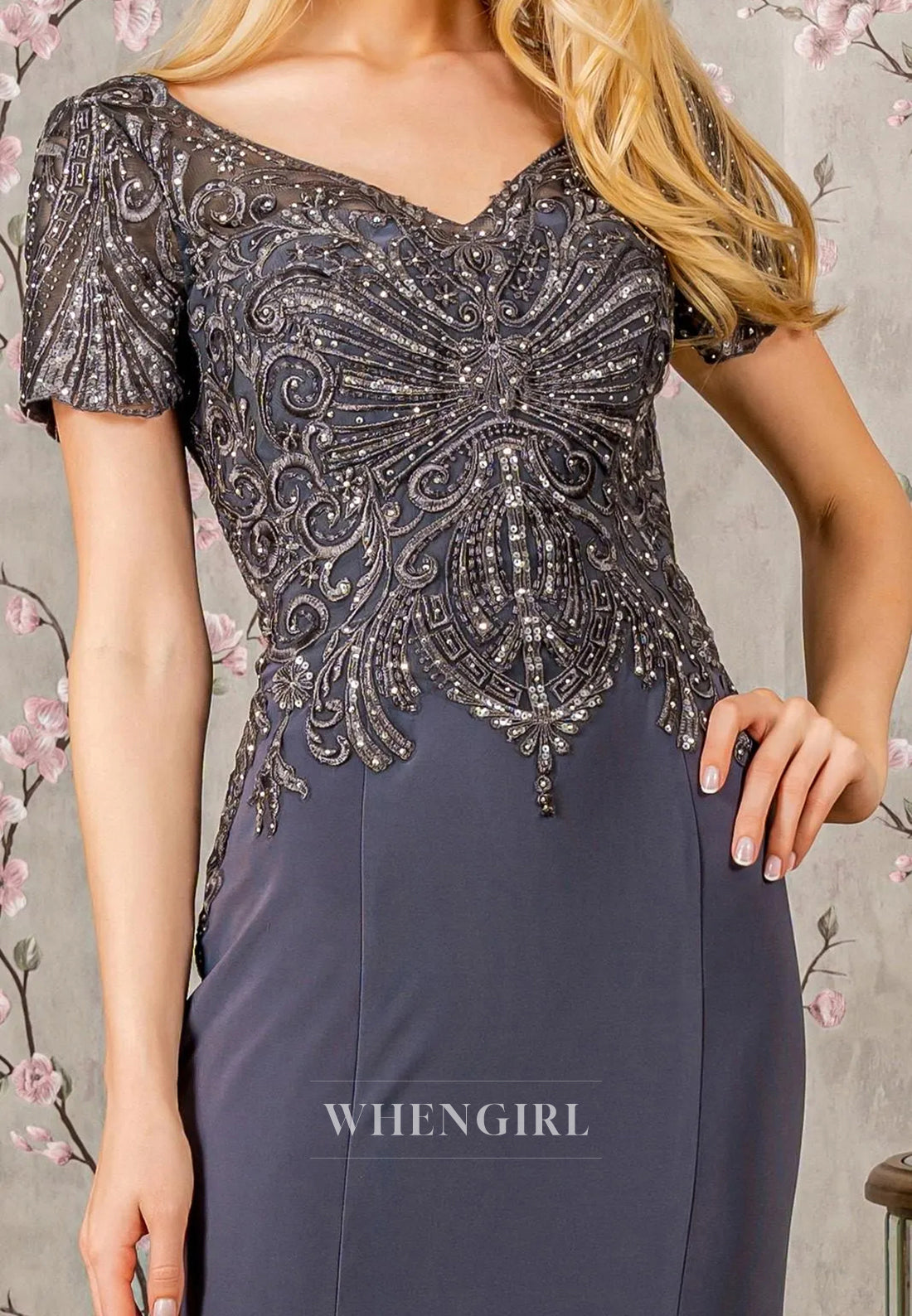Sheath V Neck Beaded Embroidery Short Sleeves Floor Length Back Zipper Mother of the Bride Dress