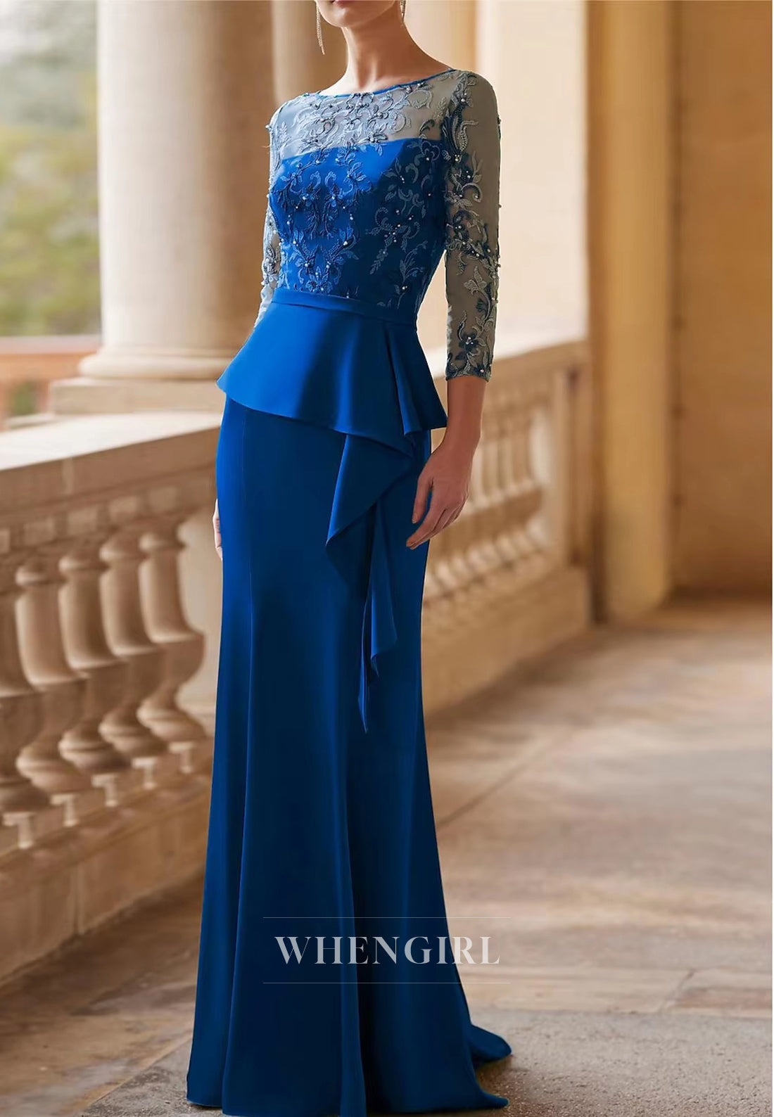 Sheath 3/4 Sleeves Bateau Neck Appliqued Ruffles Mother of the Bride Dress Evening Dress