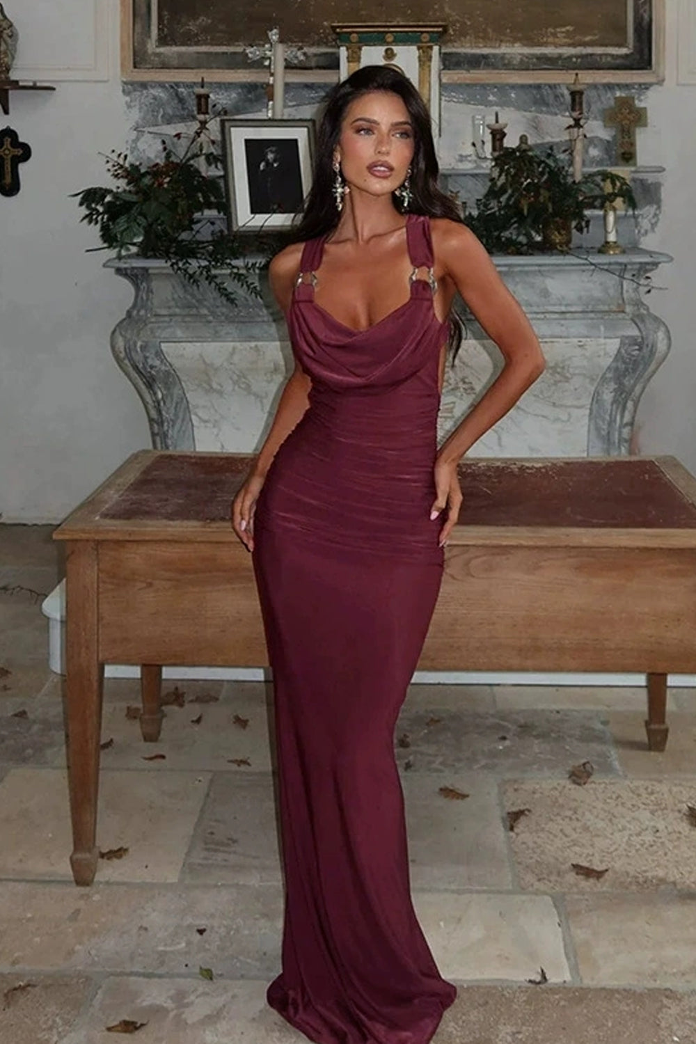 Maroon Cowl Neck Open Back Mermaid Sexy Evening Dress