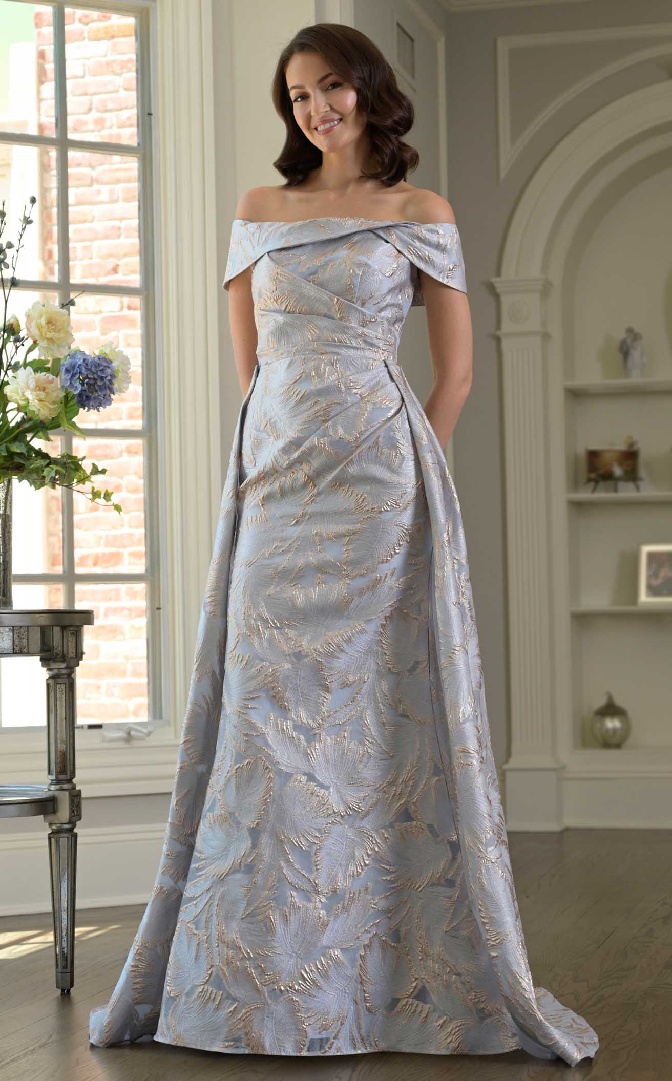 Off Shoulder Pleated Sheath Mother of the Bride Dress with Overskirt