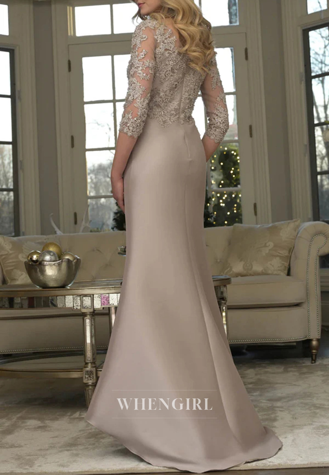 Bateau Neck Appliques Beaded 3/4 Sleeves Mermaid Mother of the Bride Dress