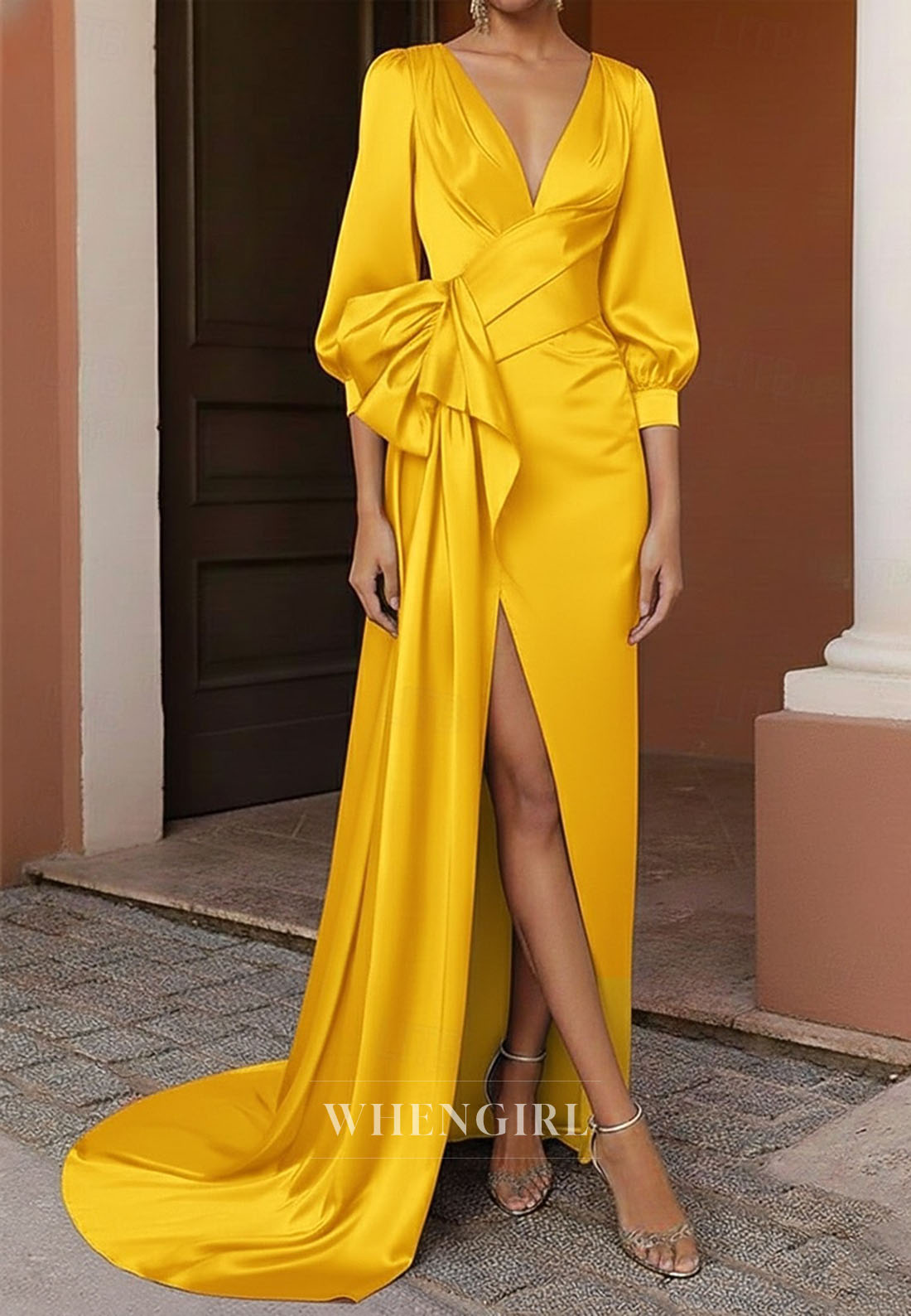 Sheath Ruched V Neck 3/4 Sleeves Side Slit Mother of the Bride Dress