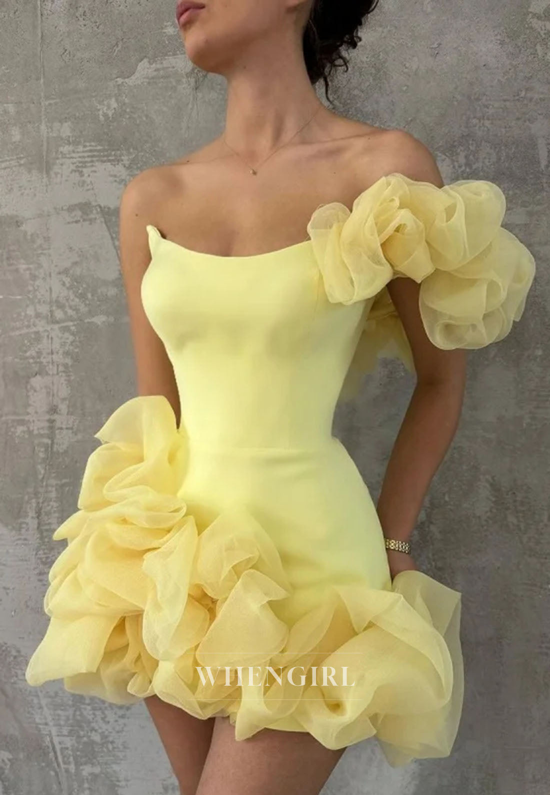 Light Yellow Bateau Neck Sleeveless One-Shoulder Short Sheath Homecoming Dress